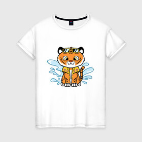 Женская футболка хлопок с принтом Тигренок на отдыхе в Новосибирске, 100% хлопок | прямой крой, круглый вырез горловины, длина до линии бедер, слегка спущенное плечо | tiger | брызги воды | вода | животное | зверь | очки | тигр | тигренок | хищник