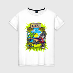 Женская футболка хлопок с принтом RELAX | МОРЕ | ПЛЯЖ в Новосибирске, 100% хлопок | прямой крой, круглый вырез горловины, длина до линии бедер, слегка спущенное плечо | palm | relax | sea | sun | гамак | горилла | лето | море | небо | обезьяна | отпуск | пальма | пальмы | пляж | релакс | солнце