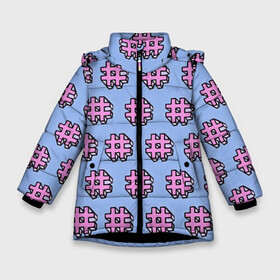 Зимняя куртка для девочек 3D с принтом ХЕШТЕГИ # в Новосибирске, ткань верха — 100% полиэстер; подклад — 100% полиэстер, утеплитель — 100% полиэстер. | длина ниже бедра, удлиненная спинка, воротник стойка и отстегивающийся капюшон. Есть боковые карманы с листочкой на кнопках, утяжки по низу изделия и внутренний карман на молнии. 

Предусмотрены светоотражающий принт на спинке, радужный светоотражающий элемент на пуллере молнии и на резинке для утяжки. | вк | вконтакте | инста | инстаграм | летняя | лето | молодёжная | прикольная | социальные сети | твитер | теги | тэги | хештег | хэштег