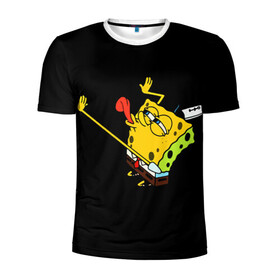 Мужская футболка 3D спортивная с принтом SpongeBob 3s в Новосибирске, 100% полиэстер с улучшенными характеристиками | приталенный силуэт, круглая горловина, широкие плечи, сужается к линии бедра | Тематика изображения на принте: губка боб | на коленях | облизывает | один | спанч боб