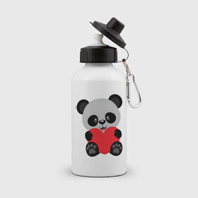Бутылка спортивная с принтом Love Панда в Новосибирске, металл | емкость — 500 мл, в комплекте две пластиковые крышки и карабин для крепления | маленькая панда | медвежонок | панда | сердце | черно белый медведь