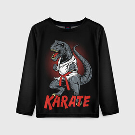 Детский лонгслив 3D с принтом KARATE T-REX в Новосибирске, 100% полиэстер | длинные рукава, круглый вырез горловины, полуприлегающий силуэт
 | animal | dinosaur | fight | fighter | hunter | karate | red | sport | strong | t rex | боец | бои | динозавр | карате | сила | спорт | тиранозавр | хищник