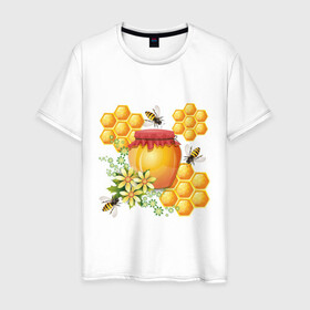 Мужская футболка хлопок с принтом Пчелки и мёд в Новосибирске, 100% хлопок | прямой крой, круглый вырез горловины, длина до линии бедер, слегка спущенное плечо. | здоровье | мед | насекомые | природа | пчелы | цветы