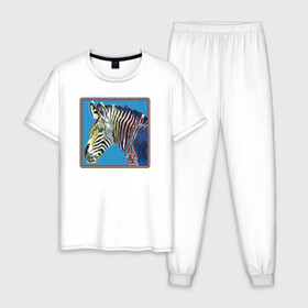 Мужская пижама хлопок с принтом Зебра Энди Уорхол в Новосибирске, 100% хлопок | брюки и футболка прямого кроя, без карманов, на брюках мягкая резинка на поясе и по низу штанин
 | andrew warholaа | andy warhol | art | artist | homo universale | horse | pop art | zebra | африка | животные | зебра | искусство | конь | лошадь | поп арт | саванна | современное искусство | старые картины | уорхол | художник