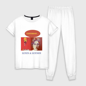 Женская пижама хлопок с принтом Ленин и Леннон в Новосибирске, 100% хлопок | брюки и футболка прямого кроя, без карманов, на брюках мягкая резинка на поясе и по низу штанин | yesterday | анекдоты | биттлз | картины | ленин | леннон | революция | уорхолл | энди