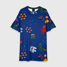 Детское платье 3D с принтом подводный мир в Новосибирске, 100% полиэстер | прямой силуэт, чуть расширенный к низу. Круглая горловина, на рукавах — воланы | blue | children | fish | marine | ocean | акула | вода | детская иллюстрация | желтый | золотая рыбка | игры | красный | лето | море | морской | мультяшный | мяч | океан | осьминог | подводный | принт для детей | пузыри