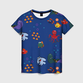 Женская футболка 3D с принтом подводный мир в Новосибирске, 100% полиэфир ( синтетическое хлопкоподобное полотно) | прямой крой, круглый вырез горловины, длина до линии бедер | blue | children | fish | marine | ocean | акула | вода | детская иллюстрация | желтый | золотая рыбка | игры | красный | лето | море | морской | мультяшный | мяч | океан | осьминог | подводный | принт для детей | пузыри