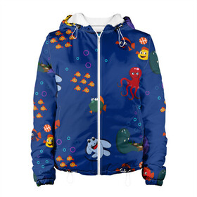 Женская куртка 3D с принтом подводный мир в Новосибирске, ткань верха — 100% полиэстер, подклад — флис | прямой крой, подол и капюшон оформлены резинкой с фиксаторами, два кармана без застежек по бокам, один большой потайной карман на груди. Карман на груди застегивается на липучку | blue | children | fish | marine | ocean | акула | вода | детская иллюстрация | желтый | золотая рыбка | игры | красный | лето | море | морской | мультяшный | мяч | океан | осьминог | подводный | принт для детей | пузыри