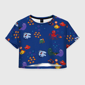 Женская футболка Crop-top 3D с принтом подводный мир в Новосибирске, 100% полиэстер | круглая горловина, длина футболки до линии талии, рукава с отворотами | blue | children | fish | marine | ocean | акула | вода | детская иллюстрация | желтый | золотая рыбка | игры | красный | лето | море | морской | мультяшный | мяч | океан | осьминог | подводный | принт для детей | пузыри