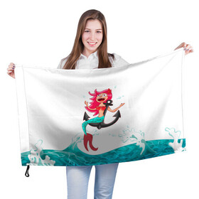 Флаг 3D с принтом Русалка на якоре в Новосибирске, 100% полиэстер | плотность ткани — 95 г/м2, размер — 67 х 109 см. Принт наносится с одной стороны | водолей | волна | волны | девочка | девчонка | море | мультик | мультфильм | океан | русалка | русалочка | рыба | рыбка | улыбка | хвост | хвостик | якорь