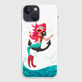 Чехол для iPhone 13 mini с принтом Русалка на якоре в Новосибирске,  |  | водолей | волна | волны | девочка | девчонка | море | мультик | мультфильм | океан | русалка | русалочка | рыба | рыбка | улыбка | хвост | хвостик | якорь