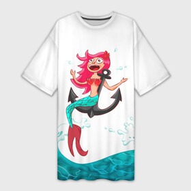 Платье-футболка 3D с принтом Русалка на якоре в Новосибирске,  |  | водолей | волна | волны | девочка | девчонка | море | мультик | мультфильм | океан | русалка | русалочка | рыба | рыбка | улыбка | хвост | хвостик | якорь