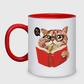 Кружка двухцветная с принтом Умный кот в Новосибирске, керамика | объем — 330 мл, диаметр — 80 мм. Цветная ручка и кайма сверху, в некоторых цветах — вся внутренняя часть | карандаш | книга | кот | котик | кошка | мысли | очки | пушистый | рыжий | создания | умный | ученый | чтение