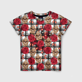 Детская футболка 3D с принтом Розы в клеточку в Новосибирске, 100% гипоаллергенный полиэфир | прямой крой, круглый вырез горловины, длина до линии бедер, чуть спущенное плечо, ткань немного тянется | абстракция | паттерн | розы | текстуры | узоры | цветочки | цветы