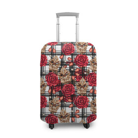 Чехол для чемодана 3D с принтом Розы в клеточку в Новосибирске, 86% полиэфир, 14% спандекс | двустороннее нанесение принта, прорези для ручек и колес | абстракция | паттерн | розы | текстуры | узоры | цветочки | цветы