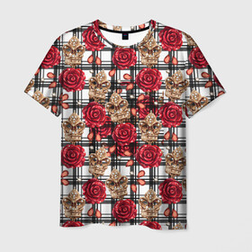 Мужская футболка 3D с принтом Розы в клеточку в Новосибирске, 100% полиэфир | прямой крой, круглый вырез горловины, длина до линии бедер | Тематика изображения на принте: абстракция | паттерн | розы | текстуры | узоры | цветочки | цветы