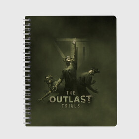 Тетрадь с принтом The Outlast Trial в Новосибирске, 100% бумага | 48 листов, плотность листов — 60 г/м2, плотность картонной обложки — 250 г/м2. Листы скреплены сбоку удобной пружинной спиралью. Уголки страниц и обложки скругленные. Цвет линий — светло-серый
 | game | horror | outlast | апшер | аутласт | аутлэст | игра | майлз | меркоф | хоррор