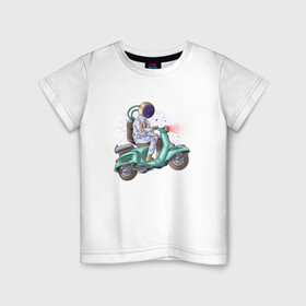 Детская футболка хлопок с принтом Космическая доставка в Новосибирске, 100% хлопок | круглый вырез горловины, полуприлегающий силуэт, длина до линии бедер | доставка | иллюстрация | космонавт | курьер | мотороллер