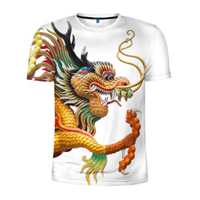 Мужская футболка 3D спортивная с принтом Желтый китайский дракон 3D в Новосибирске, 100% полиэстер с улучшенными характеристиками | приталенный силуэт, круглая горловина, широкие плечи, сужается к линии бедра | азиатский дракон | дракон | дракон 3d | дракон 3д | желтый | желтый азиатский дракон | желтый дракон | желтый китайский дракон | желтый японский дракон | золотой | золотой дракон