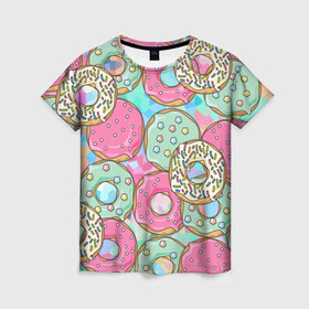 Женская футболка 3D с принтом РазНоцветные Пончики в Новосибирске, 100% полиэфир ( синтетическое хлопкоподобное полотно) | прямой крой, круглый вырез горловины, длина до линии бедер | еда | звездочки | лето | пончики | разноцветные | сладости