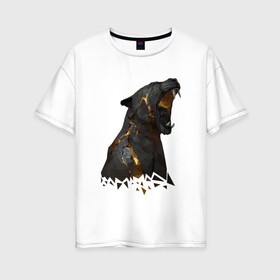 Женская футболка хлопок Oversize с принтом Panther в Новосибирске, 100% хлопок | свободный крой, круглый ворот, спущенный рукав, длина до линии бедер
 | Тематика изображения на принте: animals | животное | золото | клыки | пасть | чёрная пантера