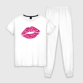 Женская пижама хлопок с принтом Сахарный поцелуй губ в Новосибирске, 100% хлопок | брюки и футболка прямого кроя, без карманов, на брюках мягкая резинка на поясе и по низу штанин | блестки | блестящий | губки | губы | краски | отпечаток | поцелуй | розовый