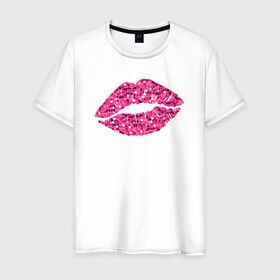 Мужская футболка хлопок с принтом Сахарный поцелуй губ в Новосибирске, 100% хлопок | прямой крой, круглый вырез горловины, длина до линии бедер, слегка спущенное плечо. | блестки | блестящий | губки | губы | краски | отпечаток | поцелуй | розовый