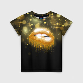 Детская футболка 3D с принтом Губы в Новосибирске, 100% гипоаллергенный полиэфир | прямой крой, круглый вырез горловины, длина до линии бедер, чуть спущенное плечо, ткань немного тянется | блестки | блестящий | губки | губы | желтый | звезды | краски | отпечаток | поцелуй | розовый | сверкает