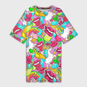 Платье-футболка 3D с принтом Губы фреш в Новосибирске,  |  | Тематика изображения на принте: губки | губы | единорог | зубы | коктейль | корона | краски | пирог | пирожное | поцелуй | радуга | разводы | розовый | сердце | сочный | туфли | улыбки | фрукты | цвет | цвета | язык