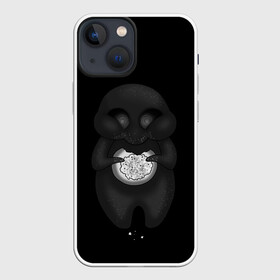 Чехол для iPhone 13 mini с принтом Ом ном ном в Новосибирске,  |  | black | cute | dark | gothic | gourmand | gray | monochrome | mork2028 | shadow | булочка | готический | еда | милый | монохромный | морк2028 | обжора | пухляш | тёмный | тень | тьма | чёрно белый