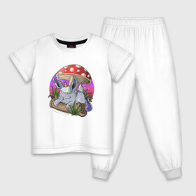 Детская пижама хлопок с принтом Спящий зайчик в Новосибирске, 100% хлопок |  брюки и футболка прямого кроя, без карманов, на брюках мягкая резинка на поясе и по низу штанин
 | грибочек | зайченок | иллюстрация | крольченок | спящий