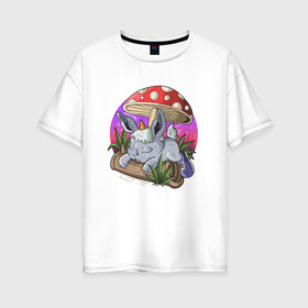 Женская футболка хлопок Oversize с принтом Спящий зайчик в Новосибирске, 100% хлопок | свободный крой, круглый ворот, спущенный рукав, длина до линии бедер
 | Тематика изображения на принте: грибочек | зайченок | иллюстрация | крольченок | спящий