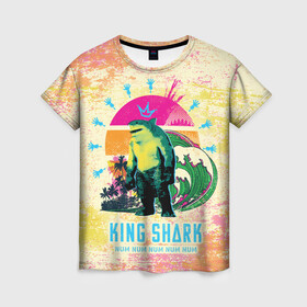 Женская футболка 3D с принтом King Shark в Новосибирске, 100% полиэфир ( синтетическое хлопкоподобное полотно) | прямой крой, круглый вырез горловины, длина до линии бедер | king shark | nanaue | suicide squad | the suicide squad | vdzabma | кинг шарк | король акул | король акула | нэнуэ