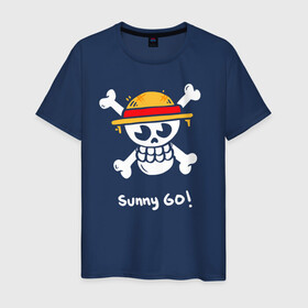 Мужская футболка хлопок с принтом Sunny Go! One Piece в Новосибирске, 100% хлопок | прямой крой, круглый вырез горловины, длина до линии бедер, слегка спущенное плечо. | anime | manga | one piece | аниме | большой куш | ван пис | весёлый роджер | вон пис | король пиратов | логотип | манга | монки д. луффи | мугивары | перекрещённый костями | пират | пиратский флаг