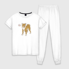 Женская пижама хлопок с принтом Сиба-Ину в Новосибирске, 100% хлопок | брюки и футболка прямого кроя, без карманов, на брюках мягкая резинка на поясе и по низу штанин | домашнее животное | животное | милая собака | сердечко | сиба ину | собака