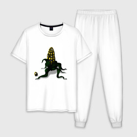 Мужская пижама хлопок с принтом Злая кукуруза в Новосибирске, 100% хлопок | брюки и футболка прямого кроя, без карманов, на брюках мягкая резинка на поясе и по низу штанин
 | еда | кукуруза | овощи | страшное | хоррор
