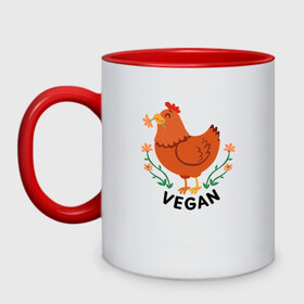 Кружка двухцветная с принтом Vegan Chicken в Новосибирске, керамика | объем — 330 мл, диаметр — 80 мм. Цветная ручка и кайма сверху, в некоторых цветах — вся внутренняя часть | green | greenpaece | nature | sport | vegan | yoga | веган | вегетарианец | гринпис | еда | животные | жизнь | здоровье | зеленый | йога | курица | мир | овощи | пища | планета | природа | растение | спорт | тело | фрукты