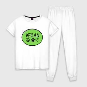 Женская пижама хлопок с принтом Vegan Family в Новосибирске, 100% хлопок | брюки и футболка прямого кроя, без карманов, на брюках мягкая резинка на поясе и по низу штанин | Тематика изображения на принте: green | greenpaece | nature | sport | vegan | yoga | веган | вегетарианец | гринпис | еда | животные | жизнь | здоровье | зеленый | йога | мир | овощи | пища | планета | природа | растение | спорт | тело | фрукты