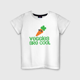 Детская футболка хлопок с принтом Veggies Are Cool в Новосибирске, 100% хлопок | круглый вырез горловины, полуприлегающий силуэт, длина до линии бедер | green | greenpaece | nature | sport | vegan | yoga | веган | вегетарианец | гринпис | еда | животные | жизнь | здоровье | зеленый | йога | мир | овощи | пища | планета | природа | растение | спорт | тело | фрукты