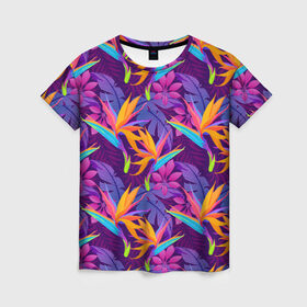 Женская футболка 3D с принтом Тропические листья в Новосибирске, 100% полиэфир ( синтетическое хлопкоподобное полотно) | прямой крой, круглый вырез горловины, длина до линии бедер | абстракция | листья | паттерн | текстуры | тропики | узоры | цветы