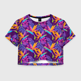 Женская футболка Crop-top 3D с принтом Тропические листья в Новосибирске, 100% полиэстер | круглая горловина, длина футболки до линии талии, рукава с отворотами | абстракция | листья | паттерн | текстуры | тропики | узоры | цветы