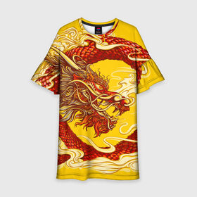 Детское платье 3D с принтом Китайский Дракон, China Dragon в Новосибирске, 100% полиэстер | прямой силуэт, чуть расширенный к низу. Круглая горловина, на рукавах — воланы | chinese dragon | dhina dragon | dragon | азиатский дракон | восточный дракон | дракон | китайские драконы | китайский дракон | красный дракон | традиционный китайский дракон | японский дракон