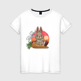 Женская футболка хлопок с принтом Sweet Bunny в Новосибирске, 100% хлопок | прямой крой, круглый вырез горловины, длина до линии бедер, слегка спущенное плечо | закат | иллюстрация | крольченок | морковь | сладкий кролик