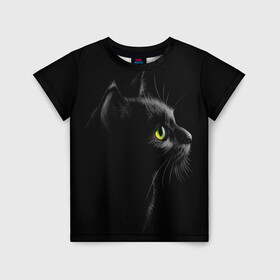 Детская футболка 3D с принтом Черный кот в Новосибирске, 100% гипоаллергенный полиэфир | прямой крой, круглый вырез горловины, длина до линии бедер, чуть спущенное плечо, ткань немного тянется | Тематика изображения на принте: взгляд | глаза | киса | киска | кот | котик | котяра | профиль | пушистый | усы