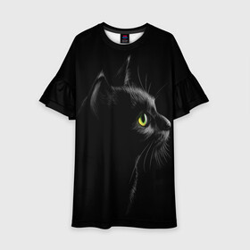 Детское платье 3D с принтом Черный кот в Новосибирске, 100% полиэстер | прямой силуэт, чуть расширенный к низу. Круглая горловина, на рукавах — воланы | Тематика изображения на принте: взгляд | глаза | киса | киска | кот | котик | котяра | профиль | пушистый | усы