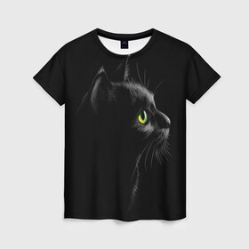 Женская футболка 3D с принтом Черный кот в Новосибирске, 100% полиэфир ( синтетическое хлопкоподобное полотно) | прямой крой, круглый вырез горловины, длина до линии бедер | взгляд | глаза | киса | киска | кот | котик | котяра | профиль | пушистый | усы