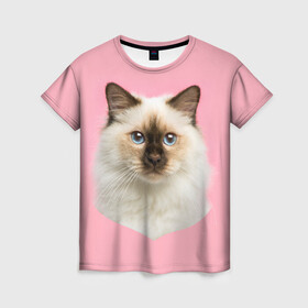 Женская футболка 3D с принтом Пушистый кот в Новосибирске, 100% полиэфир ( синтетическое хлопкоподобное полотно) | прямой крой, круглый вырез горловины, длина до линии бедер | белоснежный | взгляд | глаза | голубоглазый | киса | киска | кот | котик | котяра | профиль | пушистый | усы | уши
