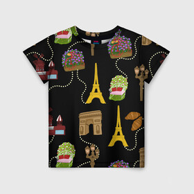 Детская футболка 3D с принтом Париж в Новосибирске, 100% гипоаллергенный полиэфир | прямой крой, круглый вырез горловины, длина до линии бедер, чуть спущенное плечо, ткань немного тянется | paris | арка | бусы | велик | города | круассан | лето | мулен руж | париж | романтика | сладости | цветы | черный | эйфелева башня | юежевый