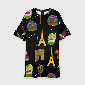 Детское платье 3D с принтом Париж в Новосибирске, 100% полиэстер | прямой силуэт, чуть расширенный к низу. Круглая горловина, на рукавах — воланы | Тематика изображения на принте: paris | арка | бусы | велик | города | круассан | лето | мулен руж | париж | романтика | сладости | цветы | черный | эйфелева башня | юежевый