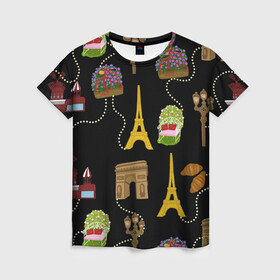 Женская футболка 3D с принтом Париж в Новосибирске, 100% полиэфир ( синтетическое хлопкоподобное полотно) | прямой крой, круглый вырез горловины, длина до линии бедер | paris | арка | бусы | велик | города | круассан | лето | мулен руж | париж | романтика | сладости | цветы | черный | эйфелева башня | юежевый